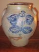 Early Gray Ovoid Stoneware Pottery Crock Cobalt Blue Leaf Design Primitives photo 4