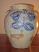 Early Gray Ovoid Stoneware Pottery Crock Cobalt Blue Leaf Design Primitives photo 6