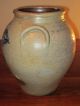 Early Gray Ovoid Stoneware Pottery Crock Cobalt Blue Leaf Design Primitives photo 7