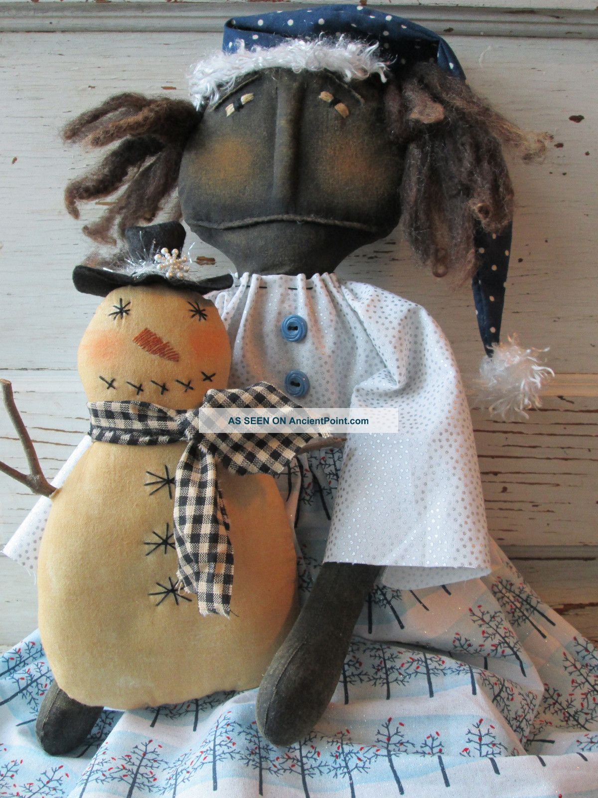 Primitive Folk Art Sophie And Her Snowman Doll Set Sewmany Stitches Primitives photo