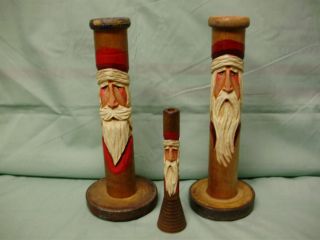 3 Vintage Mill Spools Bobbins Candle Holders Hand Carved With Santa Claus photo