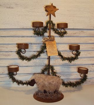 Primitive Folk Art Rusty Tin Christmas Tree Tealight Holder Sheep Doll Lamb photo