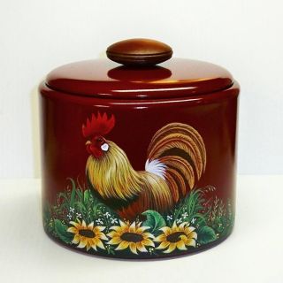 Vtg Red Aluminum Canister Container Hp Rooster Sunflower Handpainted Enamelware photo