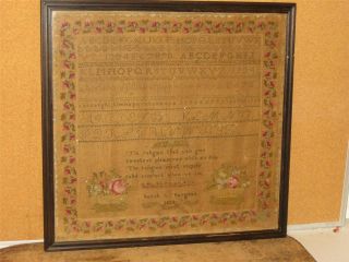 19th C Connecticut Sampler Wrought By Sarah G Burgess 1838 Strawberry Border photo
