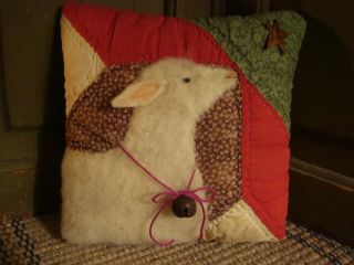 Primitive Sheep On Antique Early 1900 Quilt Pillow Folk Art photo
