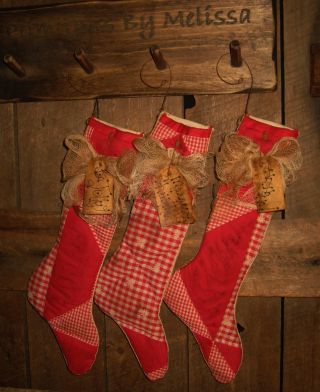 3 Primitive Grungy Christmas Tree Red White Checked Stocking Ornaments Ornies photo