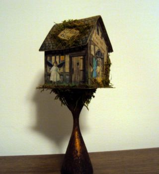 Primitive Altered Miniature Handmade Fairy Doll House Mixed Media Collage Art photo
