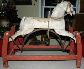 Antique 1800 ' S Folky Americana Primitive Wooden Painted Rocking Horse & Base photo