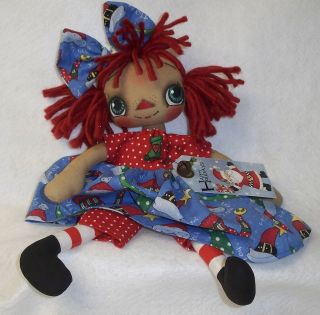 Primitive Folk Art Raggedy Doll Annie Christmas Tag Country Santa Ornie photo