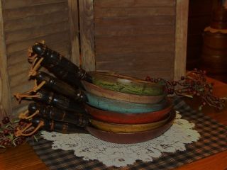 6 Vintage Primitive Wood Bowl Candle Pans Crackled Antiqued Farm House Decor photo