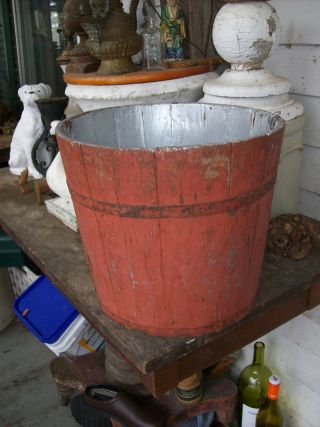 Aafa Old Red Paint Country Primitive Sap Bucket Pail Wood Handmade Nh photo