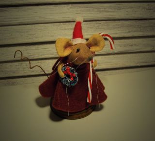 Primitive Folk Art Handmade Country Mouse Doll Christmas Santa Hat Rusty Tin Lid photo