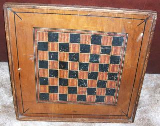 Antique 19th Century Primitive Folk Art Two Sided Wood Chess Checkers Game Board photo