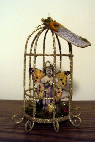 Primitive Altered Miniature Handmade Fairy Doll House Mixed Media Collage Cage photo