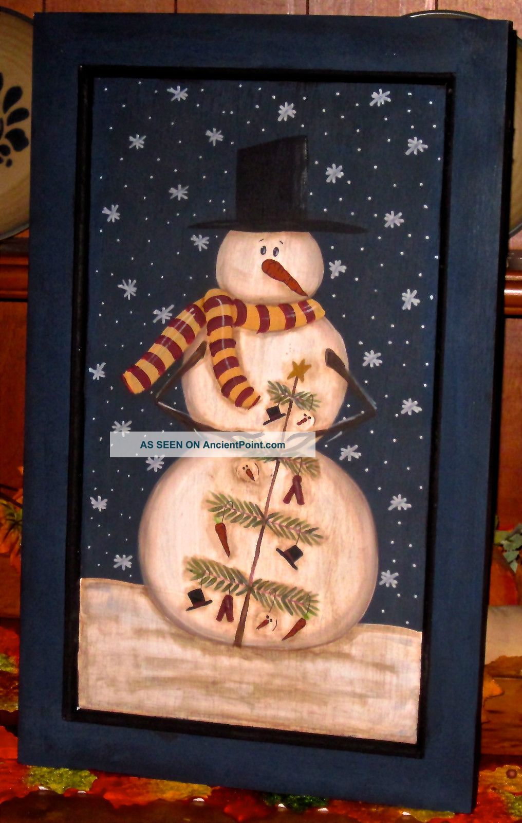 Primitive Hp Folk Art Snowman Snowmen Stick Tree Winter Door Panel Primitives photo