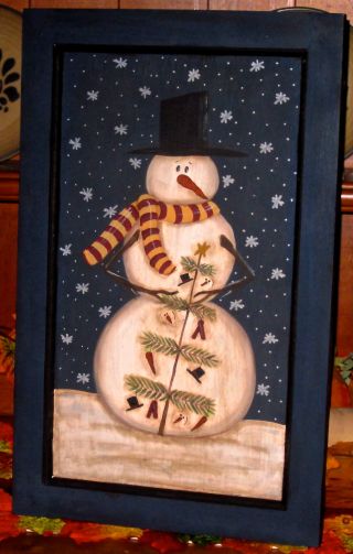 Primitive Hp Folk Art Snowman Snowmen Stick Tree Winter Door Panel photo