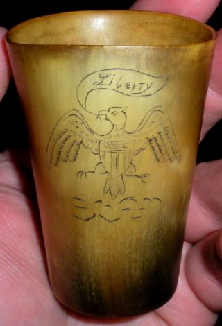 C1776 Horn Cup Folk Carved Eagle Liberty Revolutionary War Pennsylvania Est Vafo photo