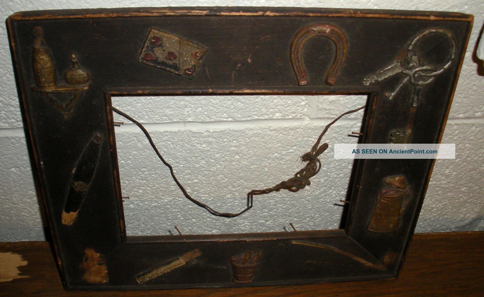Antique 1800s Primitive Folk Art Mans Frame Gambling Smoking Western Theme Vafo Primitives photo