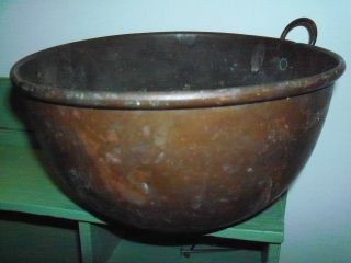 Awesome Antique Copper Bowl Rolled Edges Patina Primitive Americana photo
