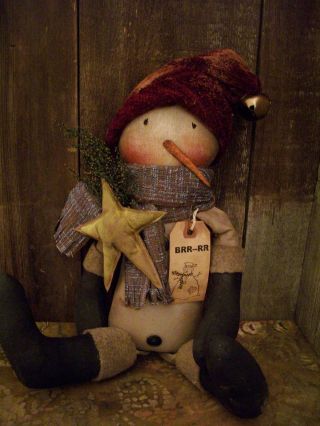 Primitive 20 X 5 In.  == Snowman Doll == Star = Annie = Burgundy Hat== photo