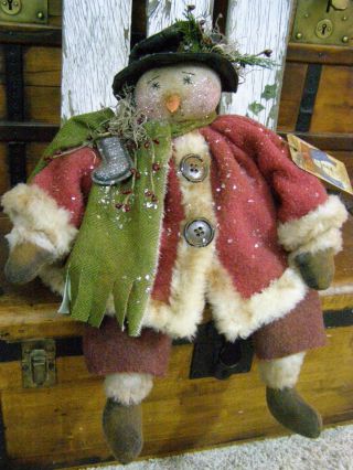 Primitive Snowman Doll Old Wool Folk Art Snowman Doll Metal Christmas Stocking photo