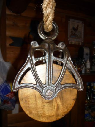 Antique Primitive Cast Iron And Wood Barn Pulley Restored photo