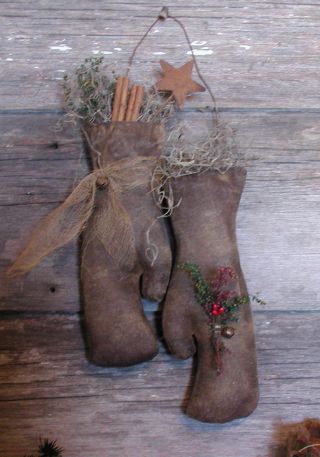 Primitive Grungy Old Mittens With Sweet Annie Ornie Hanger Christmas photo