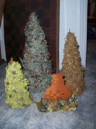 Vintage Inspired Hand Crafted Set Of 3 Moss Covered Christmas Trees & Snowman photo