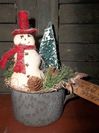 Primitive Winter/holiday Snowman And Sisal Tree In Vintage Graniteware Cup photo