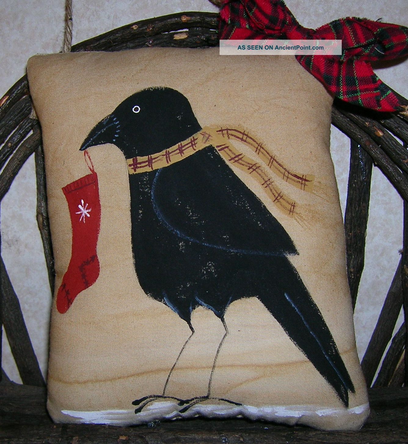 Primitive Christmas Crow Handpainted Ornie Pillow Wallhanging Stocking Holiday Primitives photo