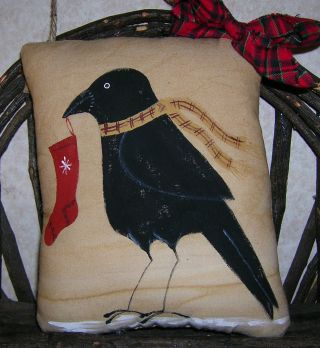 Primitive Christmas Crow Handpainted Ornie Pillow Wallhanging Stocking Holiday photo
