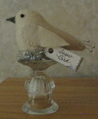 Primitive White Dove Wool Snow Bird Glass Make Do Pin Cushion Doll Pfatt photo