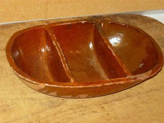 Extremely Rare 19th C Pa Redware Vegetable Bowl Three Compartment Great Color photo