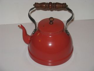 Red Tea Kettle W/ Wooden Handle Great Holiday Kitchen Decor photo