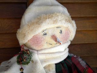Primitive Folk Art Snowman Doll With Basket Of Sweet Annie photo