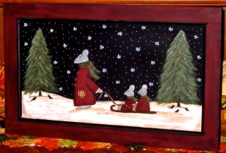 Primitive Hp Folk Art Mice Sledding Winter Door Panel photo