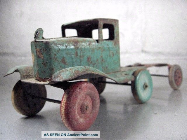 Vtg 1930 ' S Primitive Green Pressed Steel Tin Truck Bobtail With Trailer Antique Primitives photo