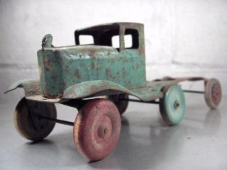 Vtg 1930 ' S Primitive Green Pressed Steel Tin Truck Bobtail With Trailer Antique photo