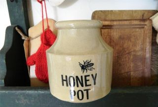 Primitive Yellow Ware Honey Pot Crock With Bee photo
