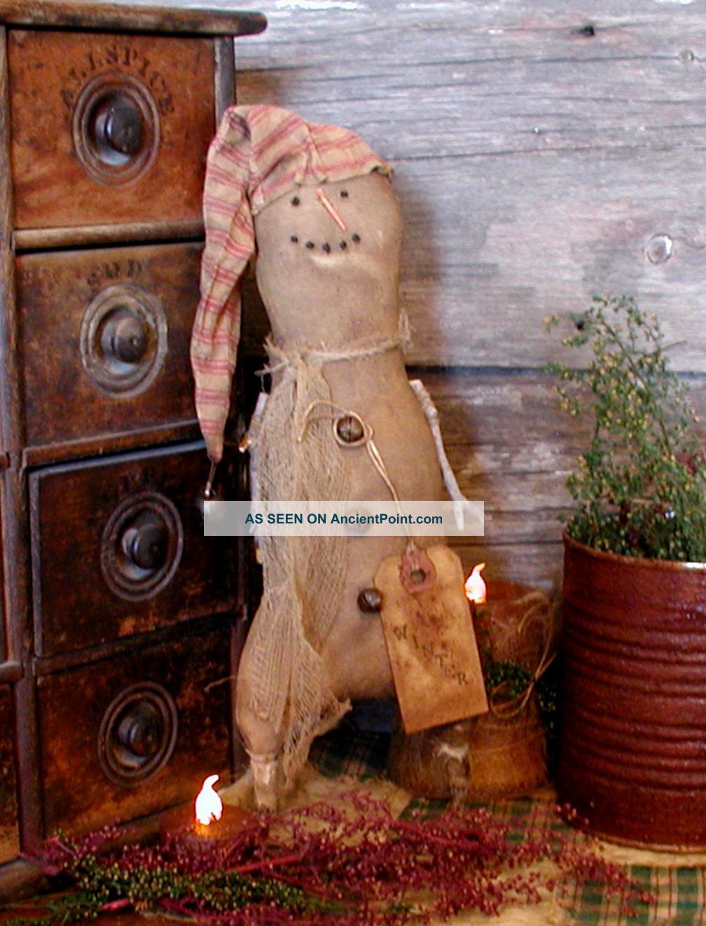 Primitive Grungy Sleepy Snowman Doll Shelf Sitter Ornie Tuck Hand Made Primitives photo