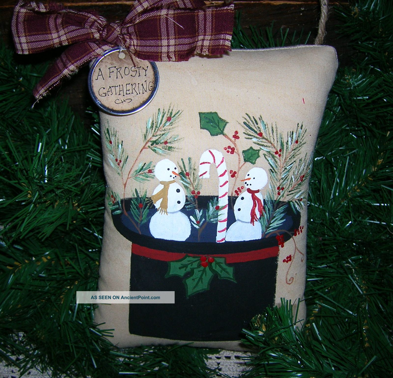 Primitive Christmas Handpainted Wallhanging Pillow Top Hatgathering Snowmen Primitives photo