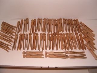 60+ Vintage Round Wood Push Clothes Pins Wire Bales Flat Heads Primitive Laundry photo