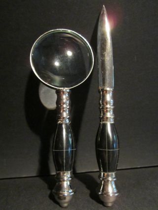 Repro 19th C Antique Nickle Plated Brass & Black Horn Magnifier & Letter Opener photo