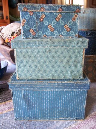 Blue Calico Boxes,  Large Set Of 3,  An Early,  Old,  Primitive And Antique Look photo