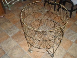 Vintage Antique Round Folding Metal Wire Clothes Laundry Cart Basket Wheels photo