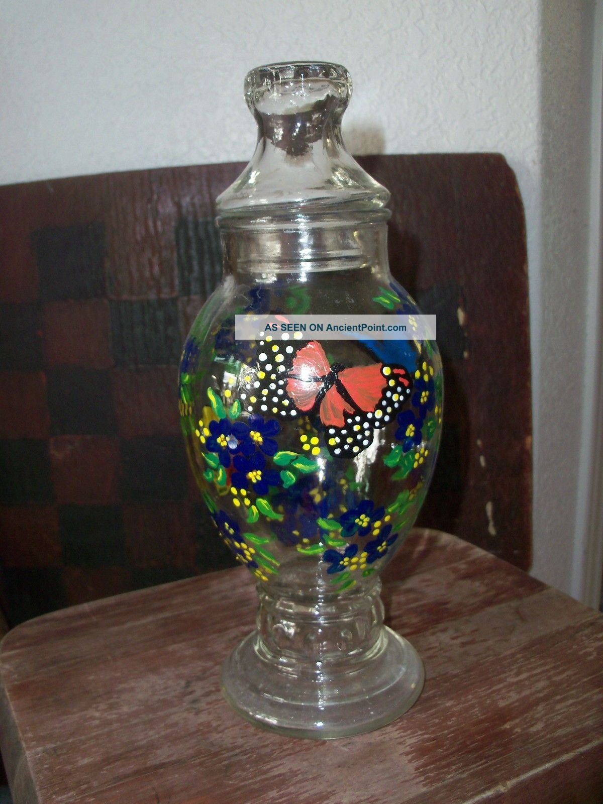 Old Hand Painted Glass Apothecary Lidded Jar - - Footed Bulbous Jar Primitives photo