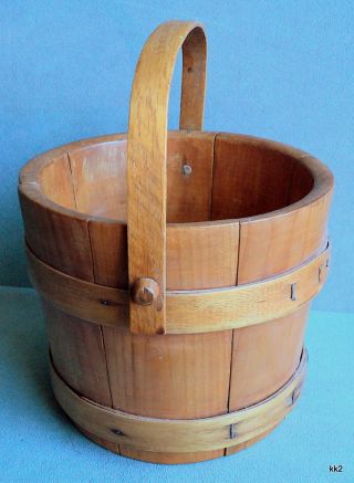 Antique Primitive Wood Sugar Firkin Bucket Pail,  Wood Bands,  Bent Handle - Estate photo