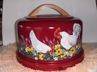 Vtg Aluminum Cake Keeper Hp Red Rooster Chicken Flowers Hand Painted Mirro Usa photo