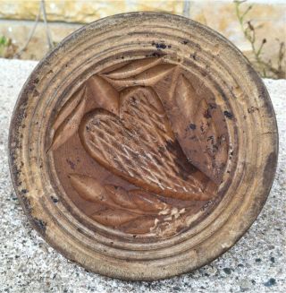 Antique Butter Mold Primitive Wood,  Hand Carved Intricate Leaf Heart Folk Art Nr photo