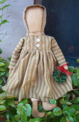 ♥ Early - Look Primitive Christmas Prairie Doll In Green Stripe Homespun ♥rcp♥ photo